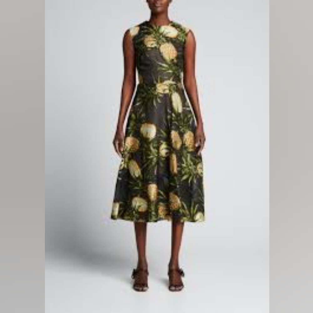 $5990 NEW OSCAR DE LA RENTA PINEAPPLE BLACK MULTI MIDI DRESS 10 L